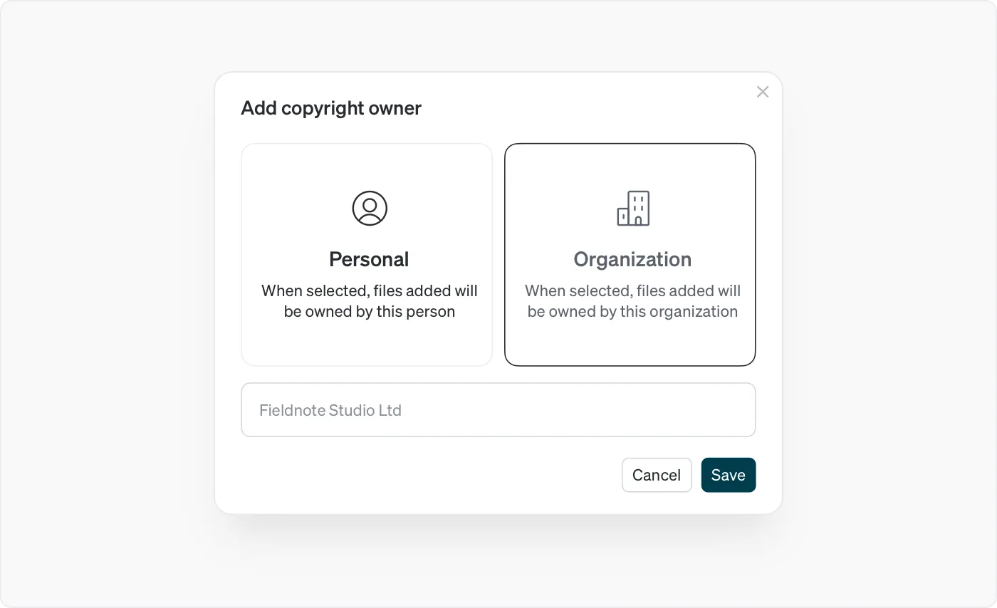 Dacr app screenshot: Add copyright owner.