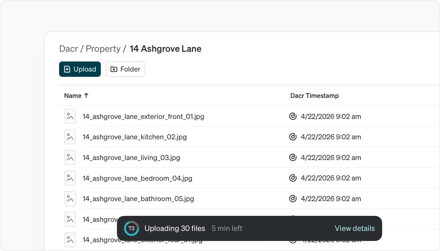 Captura de pantalla de la app de Dacr: Copyright registration, multiple files selected.
