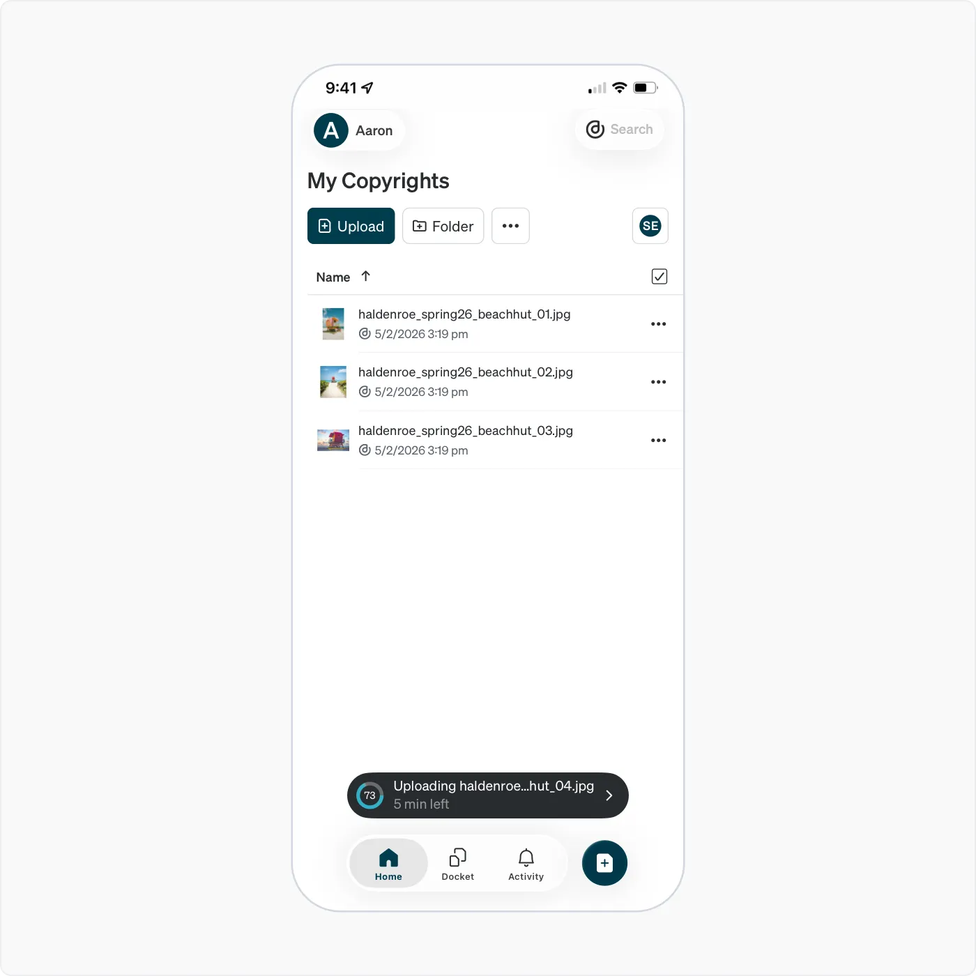Dacr app screenshot: Copyright registration, multiple files selected.