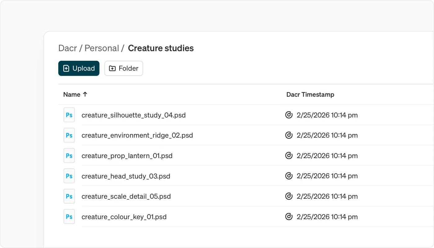 Captura de la app de Dacr: Copyright registration, multiple files selected.