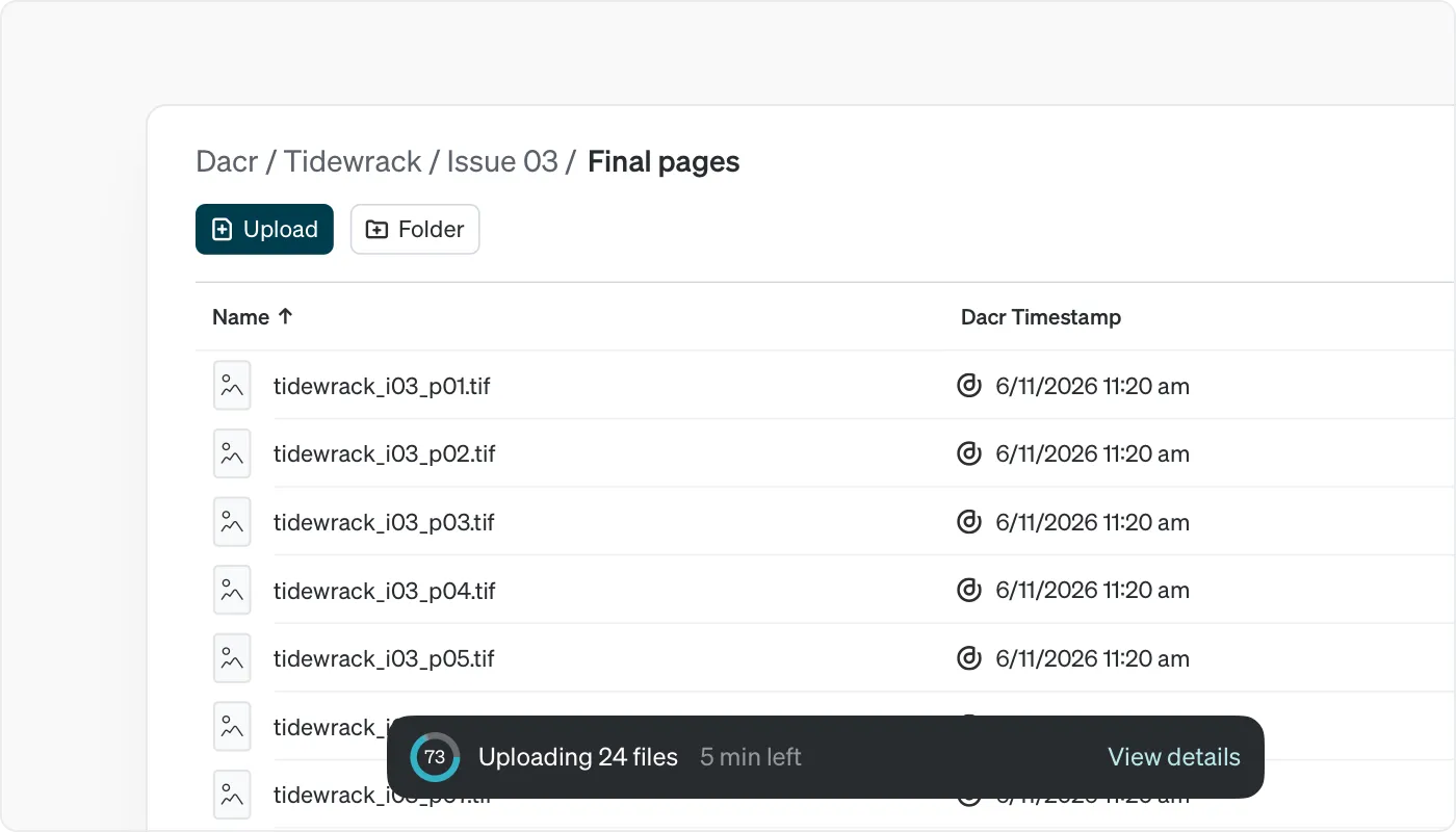 Captura de pantalla de la app de Dacr: Copyright registration, multiple files selected.