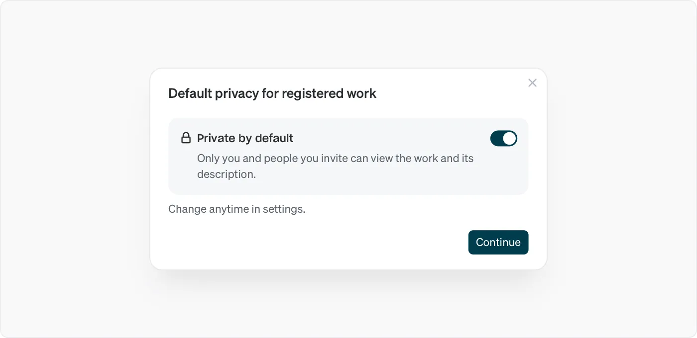 Dacr app screenshot: Default file privacy.