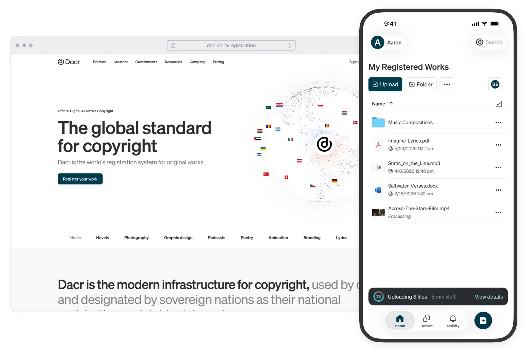 A plataforma web Dacr redesenhada, com a frase ‘The global standard for copyright’, ao lado da aplicação para telemóvel a mostrar uma pasta de obras registadas com um carregamento em curso.