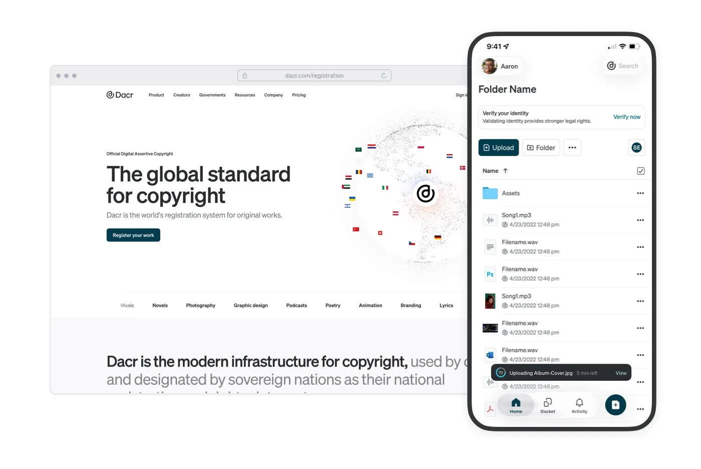The redesigned Dacr web platform, reading 'The global standard for copyright', beside the mobile app showing a folder of registered works with an upload in progress.