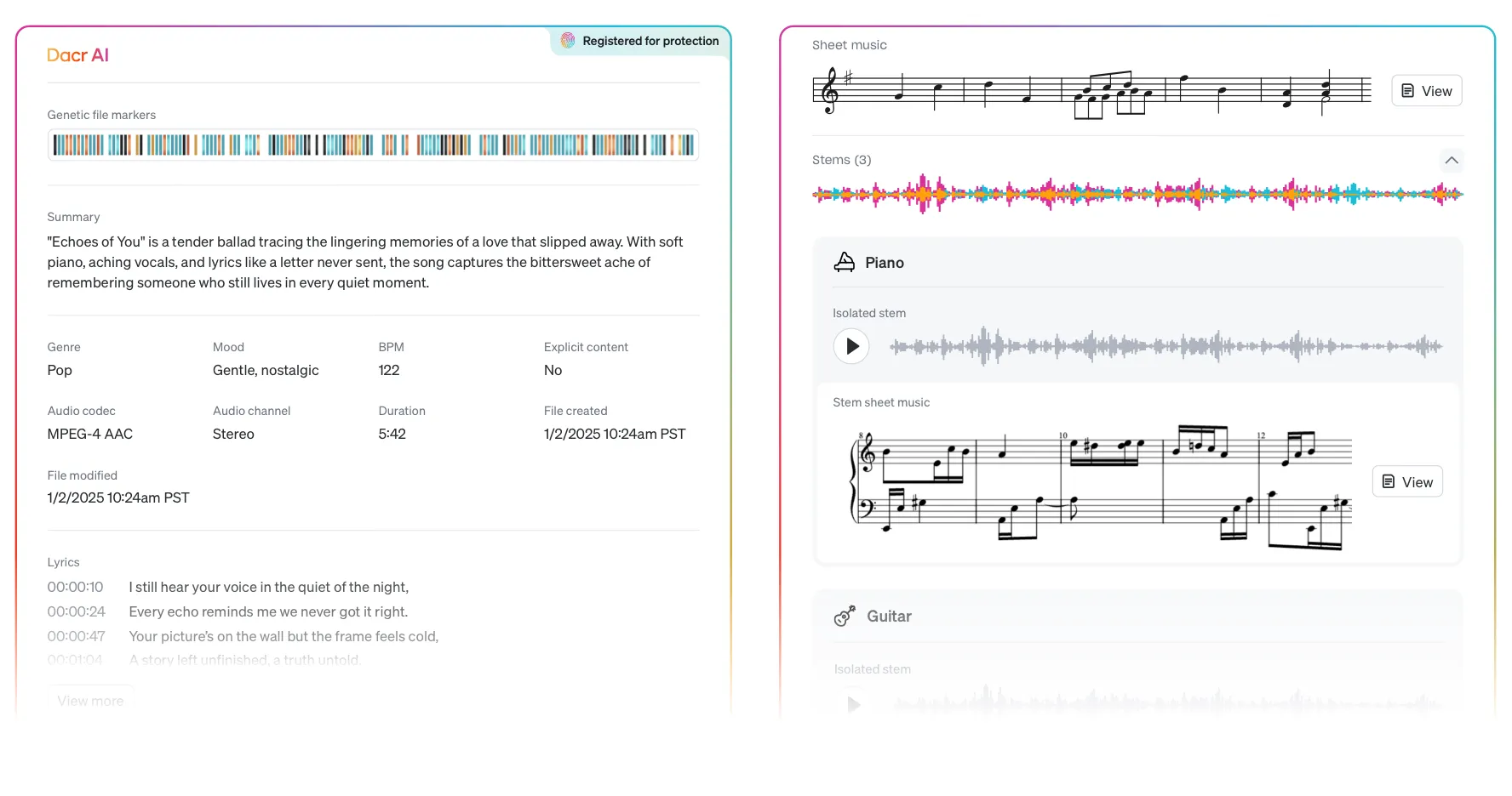 Dacr AI's registration analysis of a song: Genetic File Markers, a written summary, genre, BPM and transcribed lyrics beside a panel showing generated sheet music and isolated piano and guitar stems.