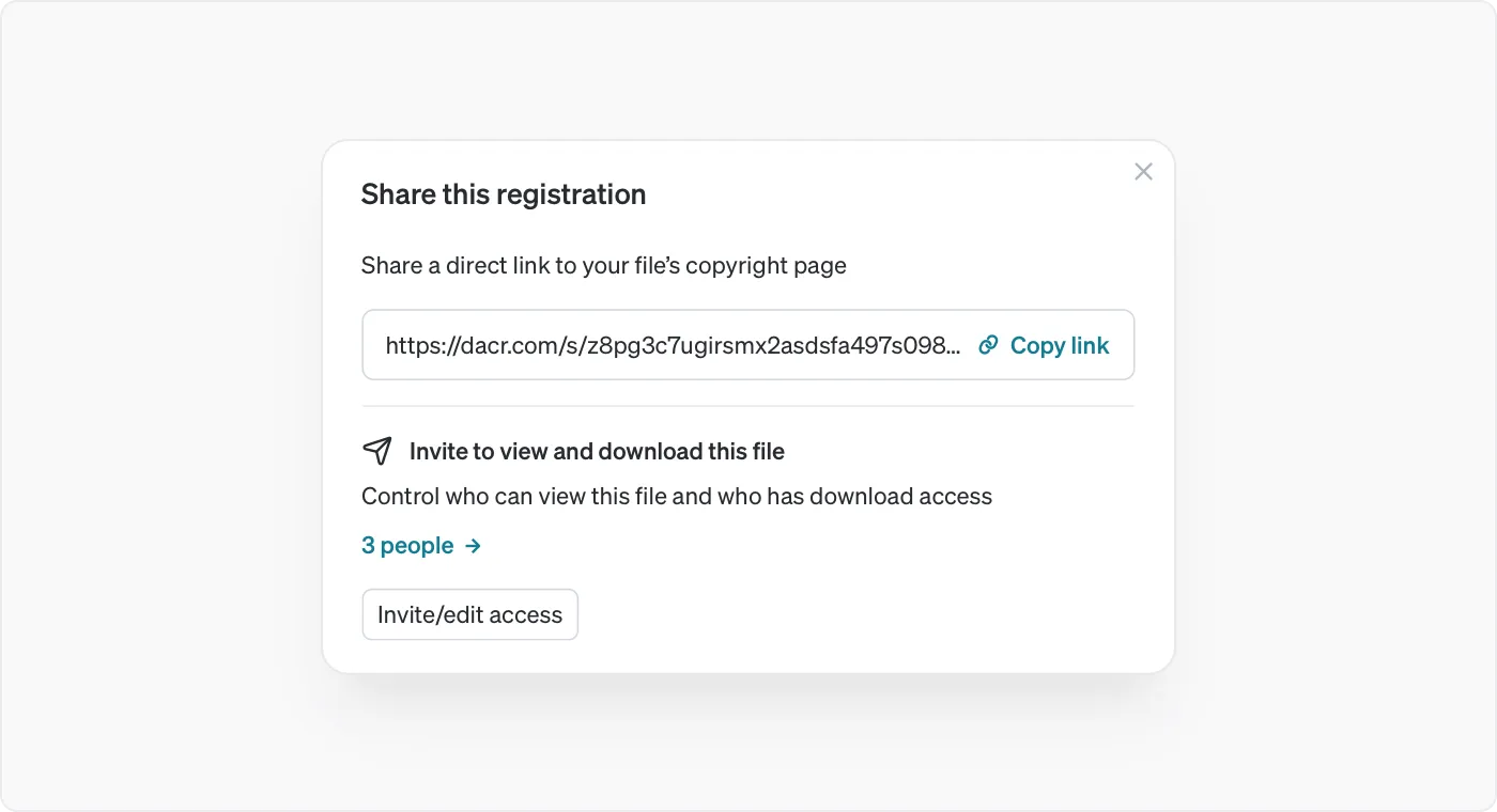 Dacr app screenshot: Share a registration.