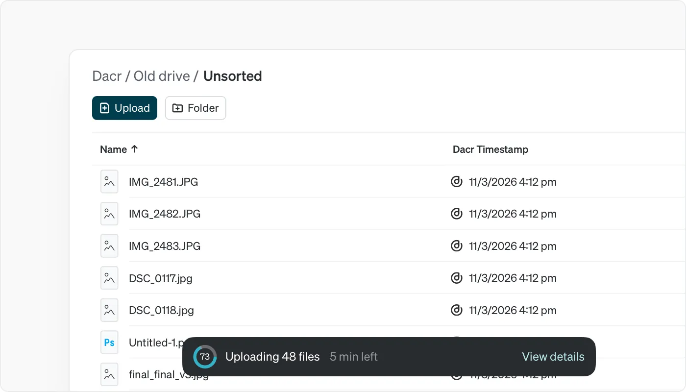Dacr app screenshot: Copyright registration, multiple files selected.