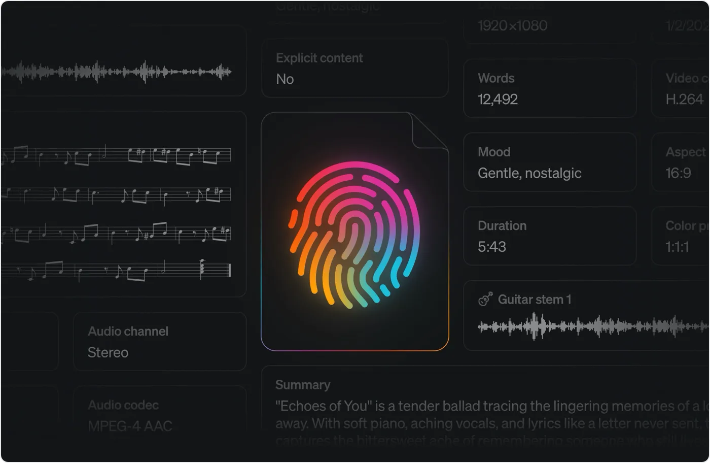 Dacr AI's analysis of a registered song: a colorful fingerprint mark on the file surrounded by extracted details such as word count, mood, duration, audio codec, an isolated guitar stem, and a written summary of the track.