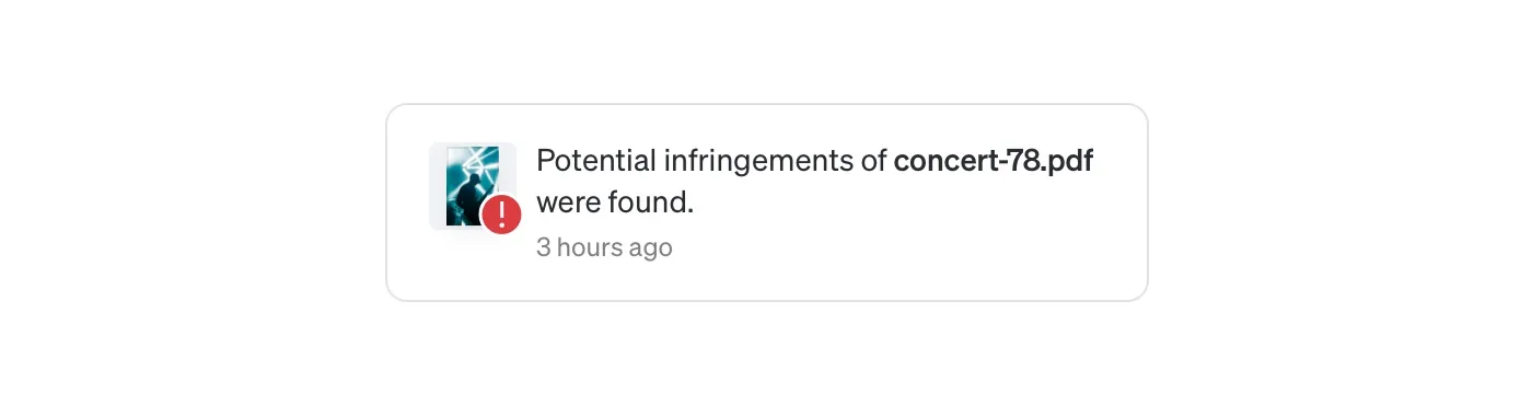 Uma notificação da Dacr a comunicar que foram encontradas possíveis violações de concert-78.pdf há três horas.