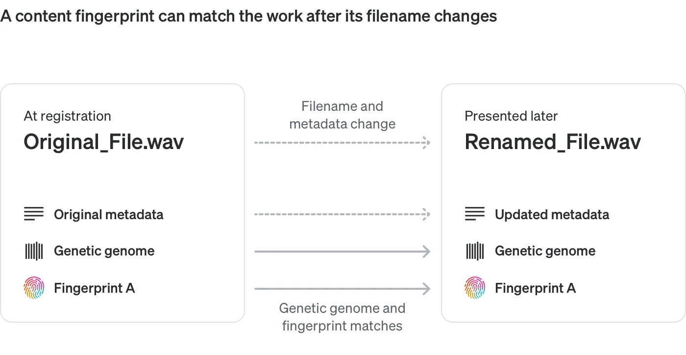 Comparison diagram titled A content fingerprint can match the work after its filename changes. At registration the file is Original_File.wav with original metadata, a genetic genome and Fingerprint A; presented later it is Renamed_File.wav with updated metadata. Dashed arrows mark the filename and metadata change while solid arrows show the genetic genome and fingerprint still matching.