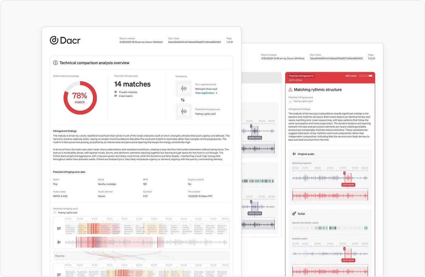 Dacr app screenshot: Infringement report: matches.