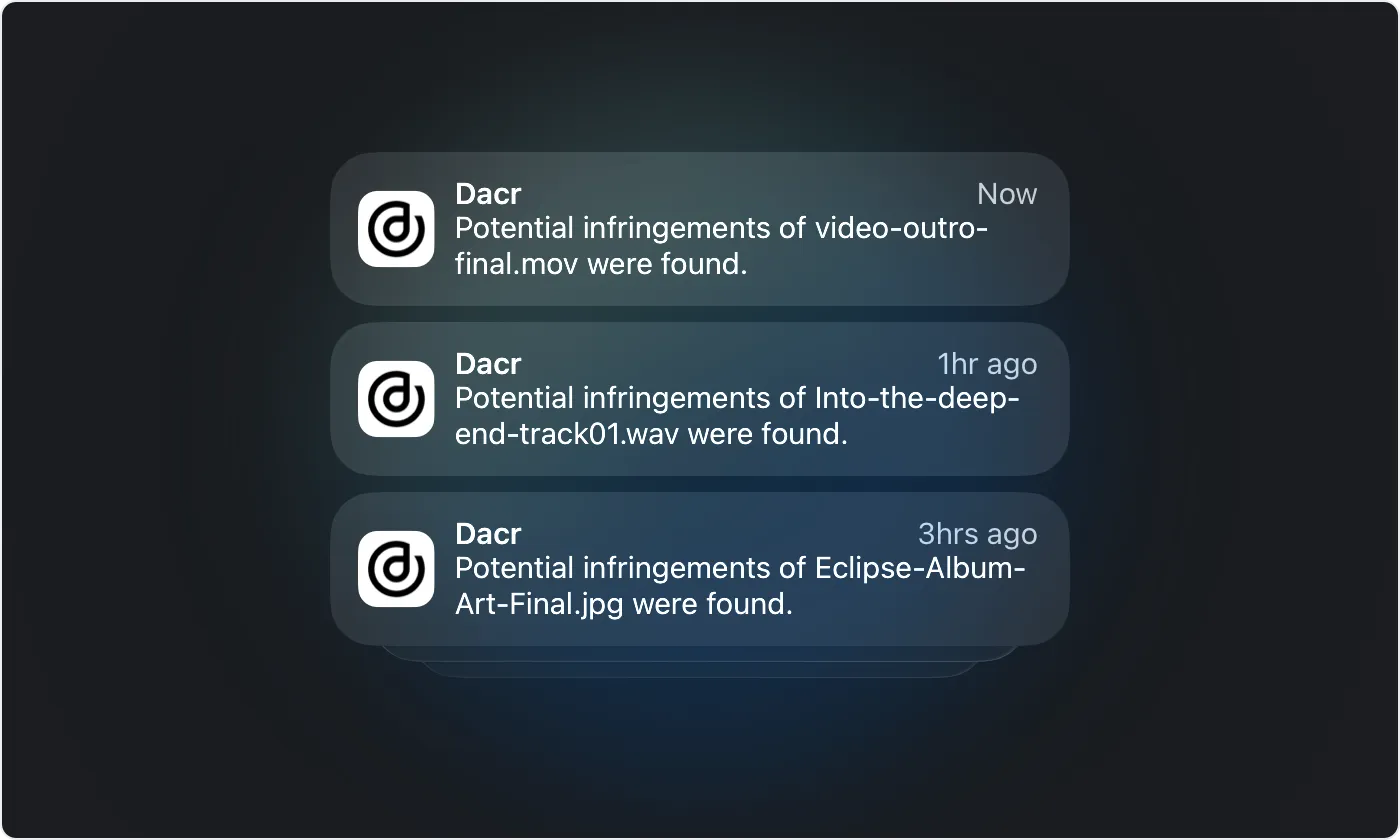 Three Dacr push notifications reporting that potential infringements of a video file, an audio track and an album artwork image were found.