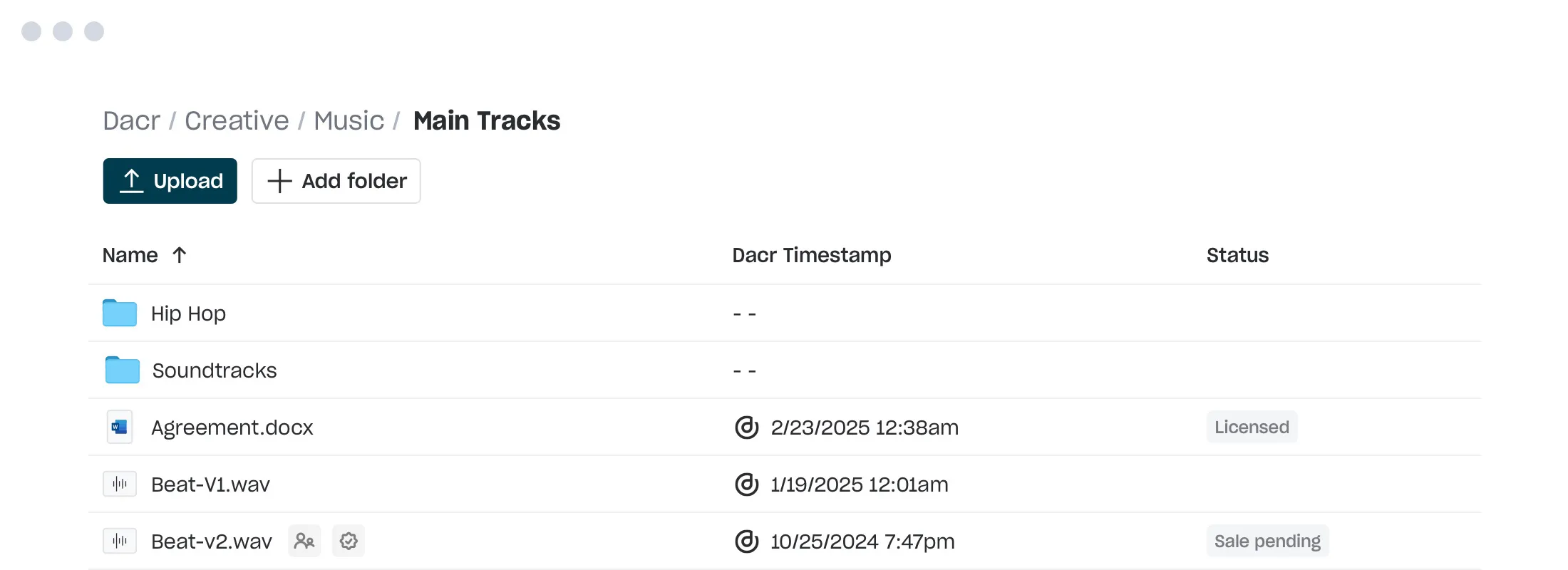 A list of copyright protected original works in a Dacr account