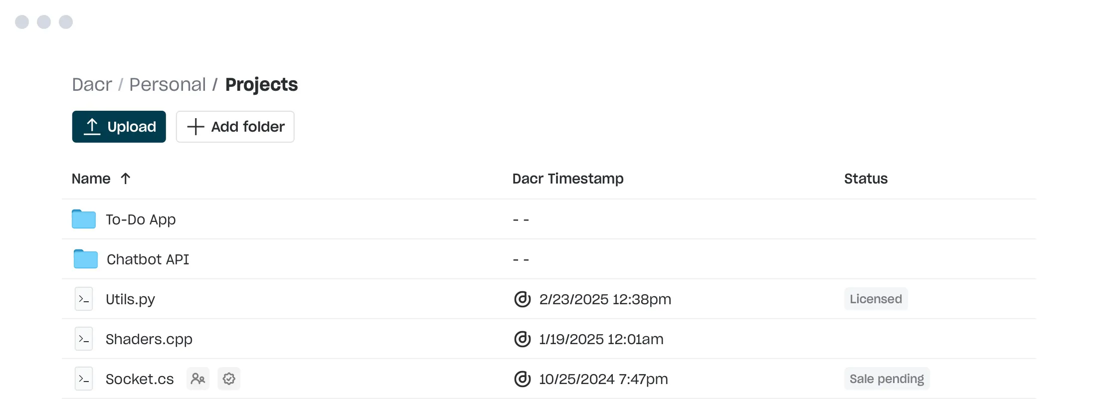 A list of copyright protected original works in a Dacr account