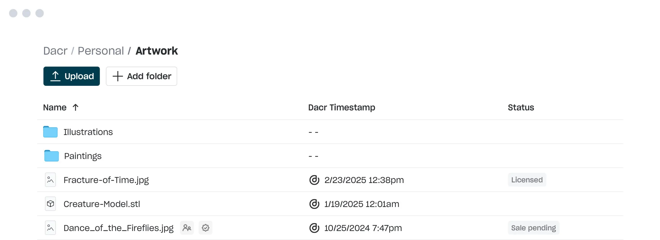 A list of copyright protected original works in a Dacr account