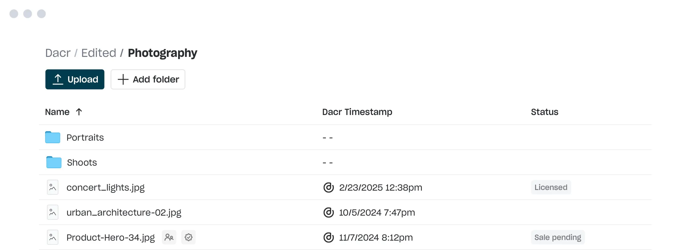 A list of copyright protected original works in a Dacr account