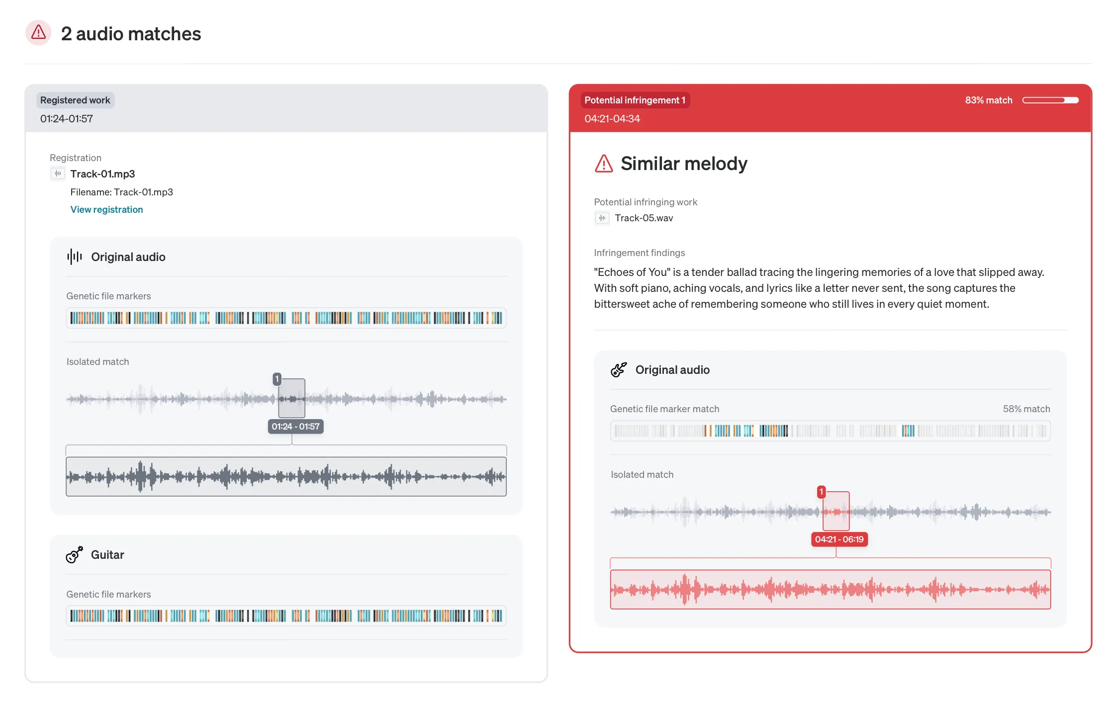 Two audio matches — registered work vs. potential infringement