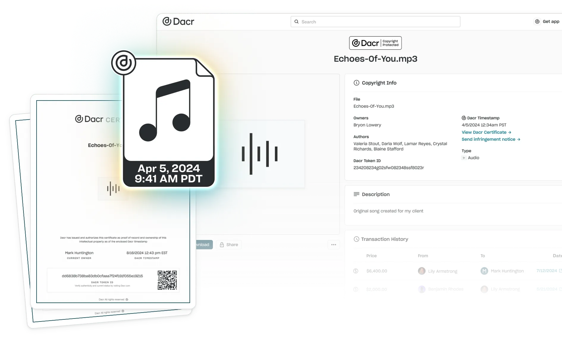 A Dacr copyright page & certificate for your music