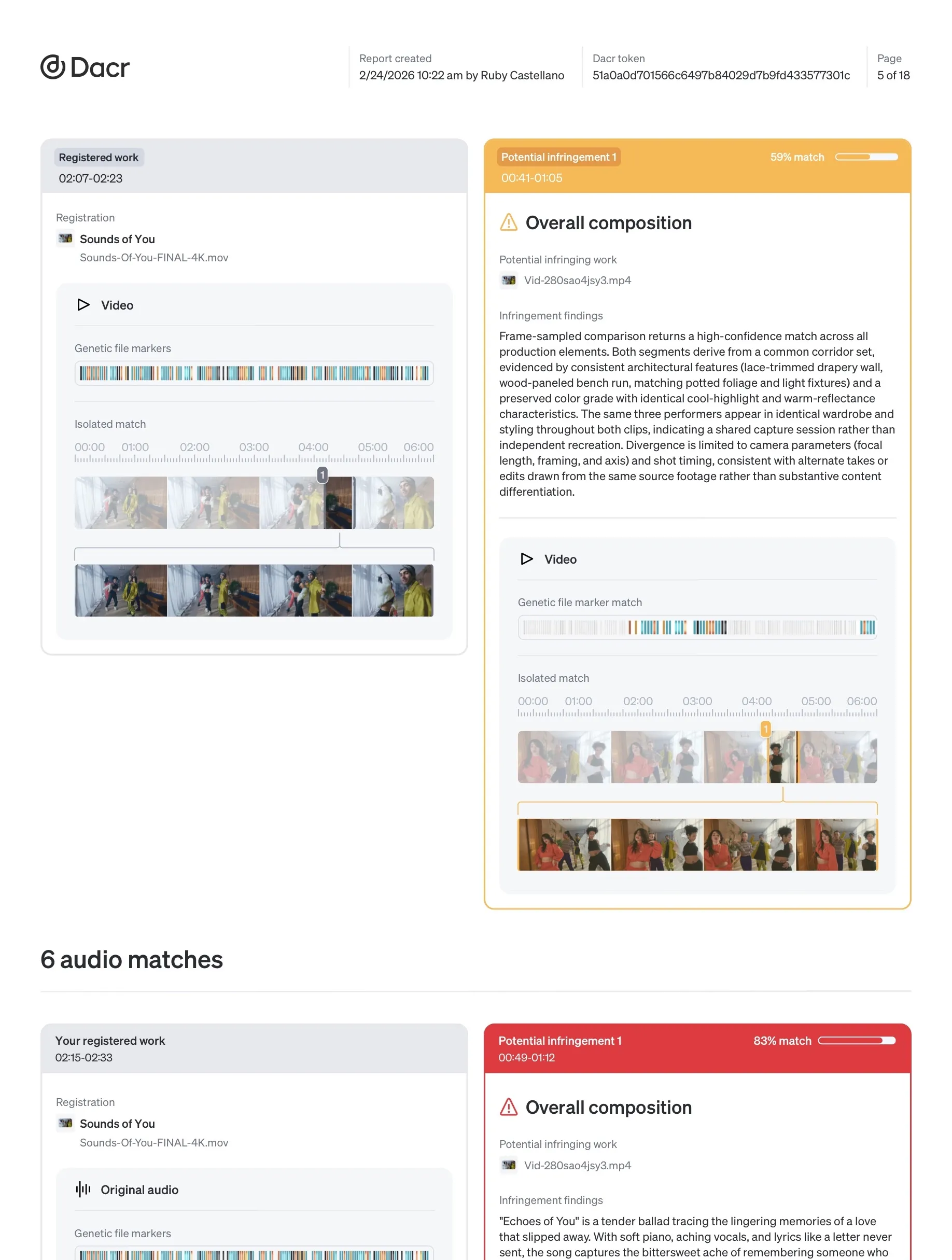 Video infringement report detail page